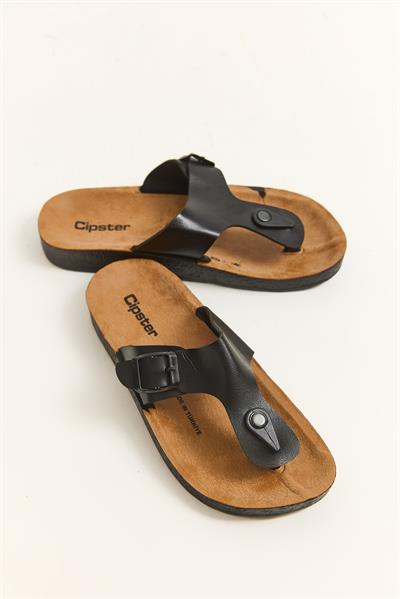 Suni Deri Parmak Arası Terlik Siyah