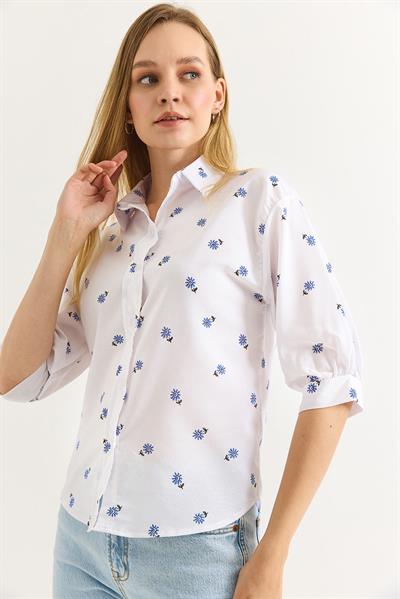 Balon Kol Desenli Kadın Gömlek Mavi Beyaz