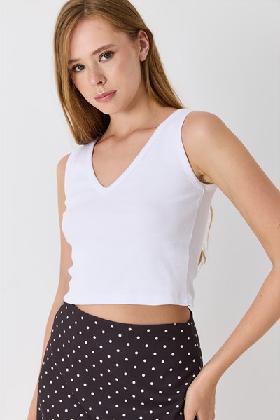 Kadın V Yaka Kaşkorse Crop Bluz Beyaz