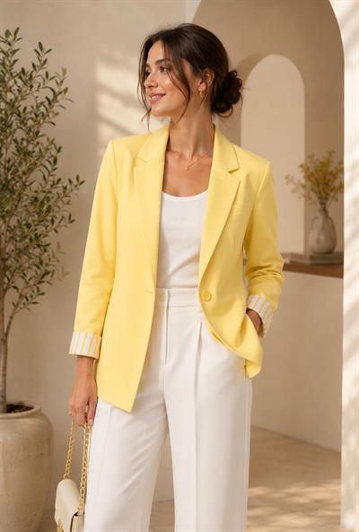 Kadın Oversize Düğmeli Çizgi Desenli Blazer Ceket Sarı