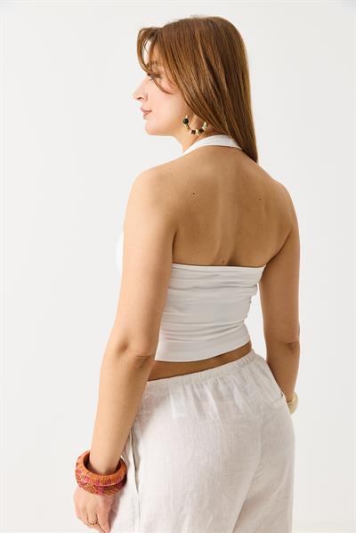 Kadın Boyundan Askılı  Crop Bluz Beyaz