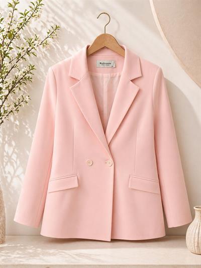 Kadın Oversize Çift Düğmeli Blazer Ceket Pudra