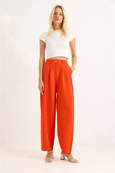 Yüksek Bel Bol Paça Pantalon Turuncu