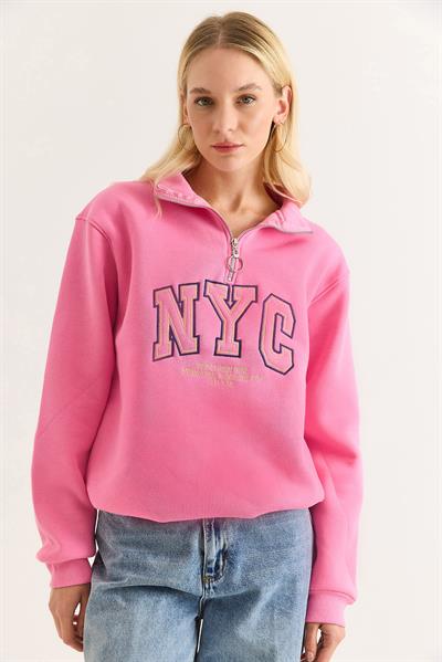 Nyc Nakışlı Fermuar Detaylı Dik Yaka Oversize Sweatshirt Pembe