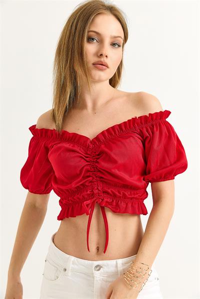 Madonna Yaka Büzgülü Crop Bluz Kırmızı