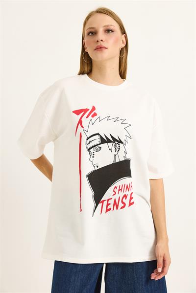 Baskılı Oversize Bisiklet Yaka Tshirt Beyaz