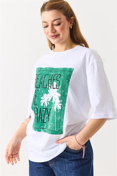 Kadın Baskılı Bisiklet Yaka Kısa Kol Tshirt Beyaz