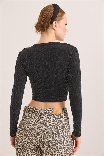 Kruvaze Yaka Simli Crop Bluz Siyah