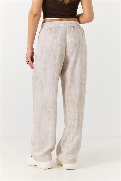 Kadın Desenli Beli Lastikli Bol Kesim Pantalon Bej 