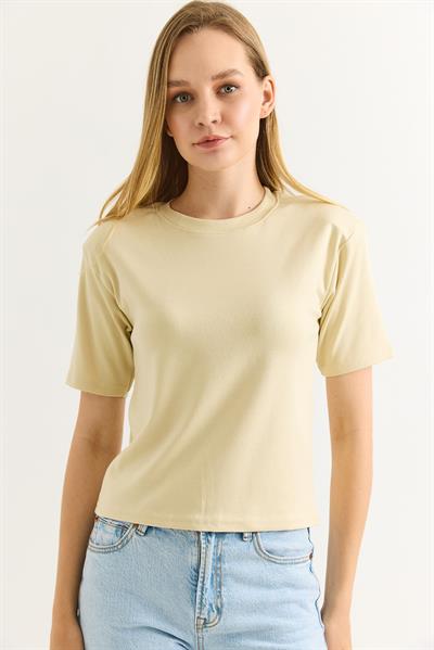 Vatkalı Bisiklet Yaka Basic Tshirt Vizon