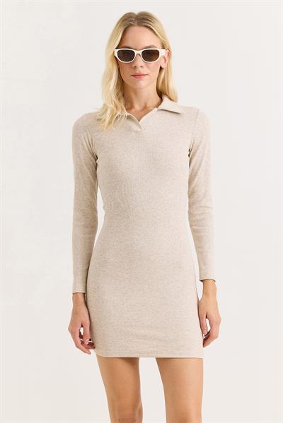 Kadın Polo Yaka Mini Elbise Krem