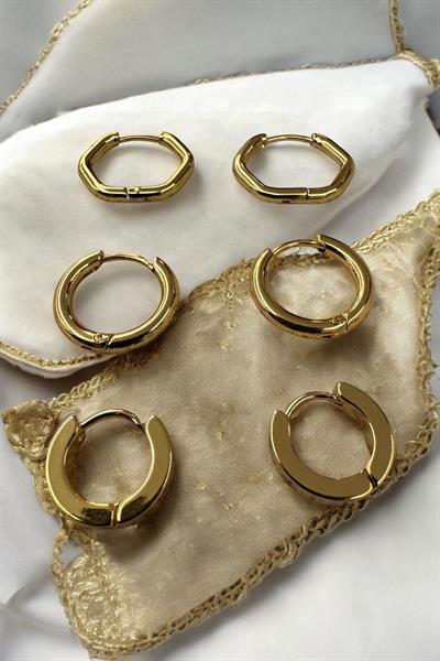 6 lı  Çelik Minimal Halka Üç Modelli  Gold Küpe