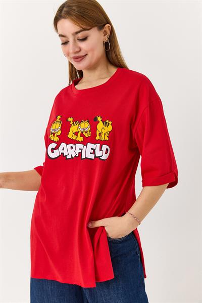 Kadın Garfield Baskılı Yanları Yırtmaçlı Bisiklet Yaka Tshirt Kırmızı