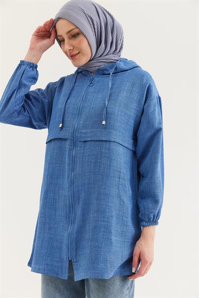 Araboy Kapşonlu Keten Kap Mavi