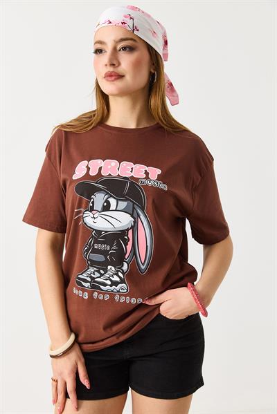 Kadın Baskılı Bisiklet Yaka Kısa Kol Tshirt Kahverengi