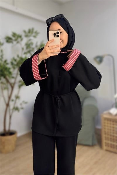 Kadın Beli Kuşaklı Yakası Siyah Fıfır Detaylı Modal Tunik 