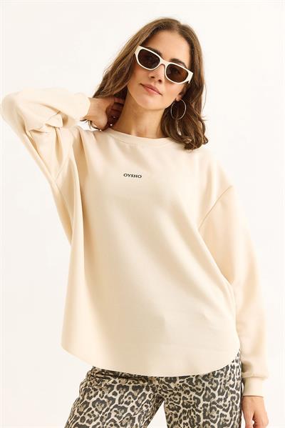 Kadın Modal Kumaş Yazı Baskılı Bej Sweat