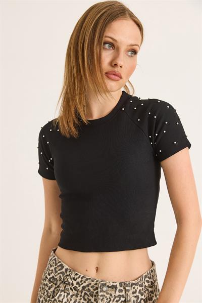 Regular Taş Detaylı Ottoman Crop Bluz Siyah