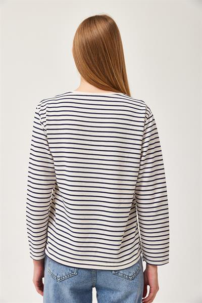 Bisiklet Yaka Çizgili Uzun Kollu Sweatshirt Lacivert