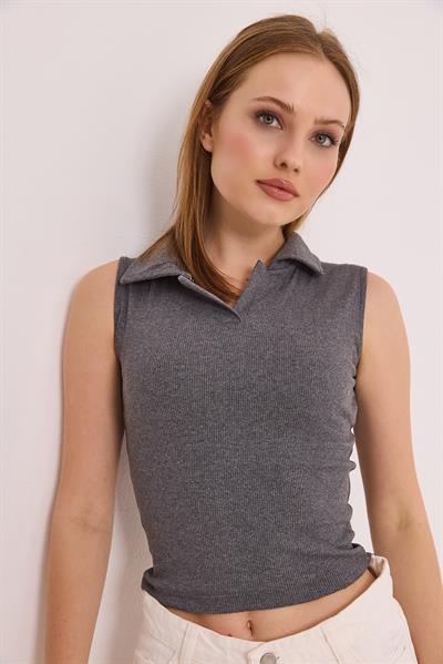 Sıfır Kol Polo Yaka Basıc Örme Kaşkorse Bluz Füme