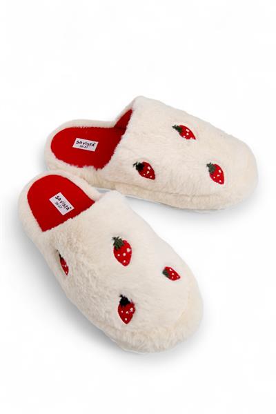 Kadın Sessiz Taban Çilek Motifli Ev Terliği