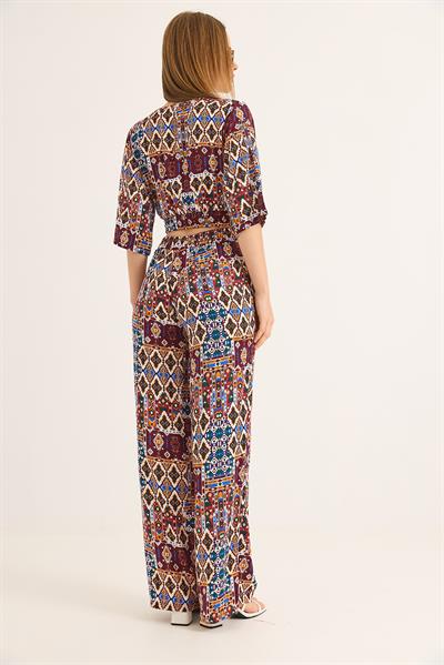 Etnik Desenli Kruvaze Yaka Crop Bluz Pantolon İkili Takım Bordo