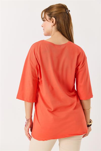 Kadın Çöl Tema Baskılı Bisiklet Yaka Tshirt Nar Çiçeği