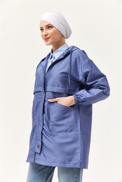 Çıtçıtlı Kapüşonlu Yağmurluk Mavi