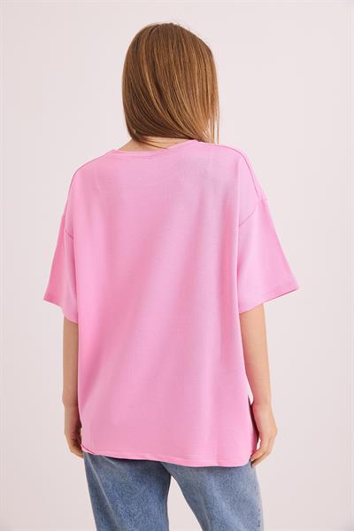 Oversize Yumuşak Dokulu Salaş T-Shirt Pembe