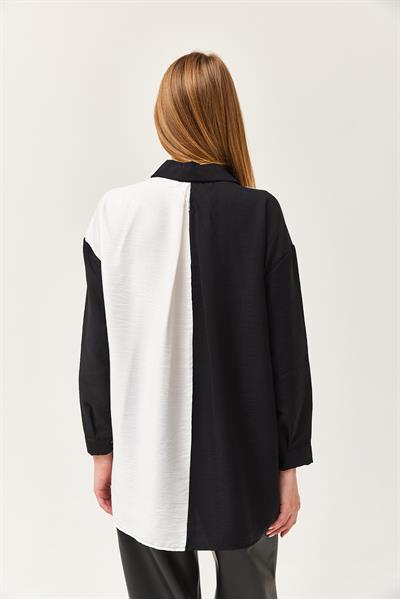 Renk Bloklu Oversize Lilyum Gömlek Siyah