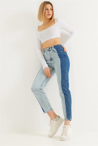 Çift Renk Yüksel Bel Mom Jean Mavi