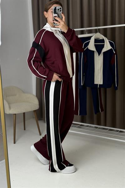 Kadın Garnili Fermuarlı Modal Takım Bordo