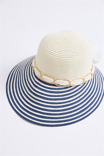 Zincir Fiyonk Aksesuarlı Hasır Şapka Mavi