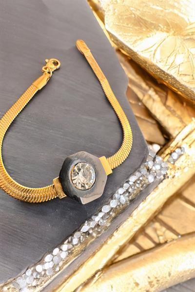 Gold Siyah Taşlı Çelik  Bileklik Gold
