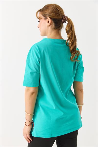 Kadın Bisiklet Yaka Kısa Kol Basic Tshirt Yeşil