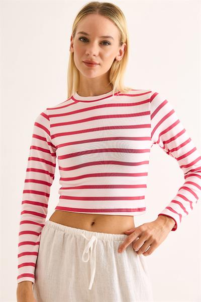 Kadın Çizgi Desenli Crop Bluz Fuşya