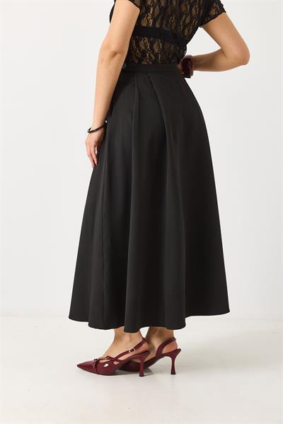 Kadın Yandan Fermuarlı Cepli Uzun Etek Siyah