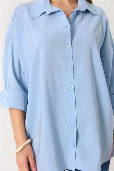 Kadın Taş Detaylı Oversize Şık Gömlek Mavi