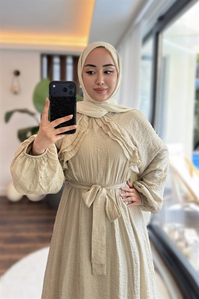 Kadın Fırfır Detay Kuşaklı Tül Modal Astarlı Elbise Çağla