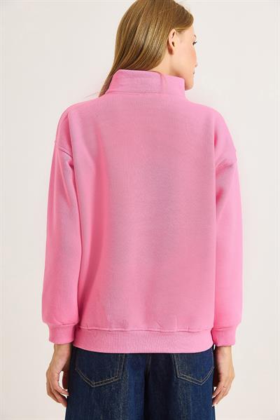 Kadın Yaka Fermuarlı 2 İplik Sweatshirt Pembe