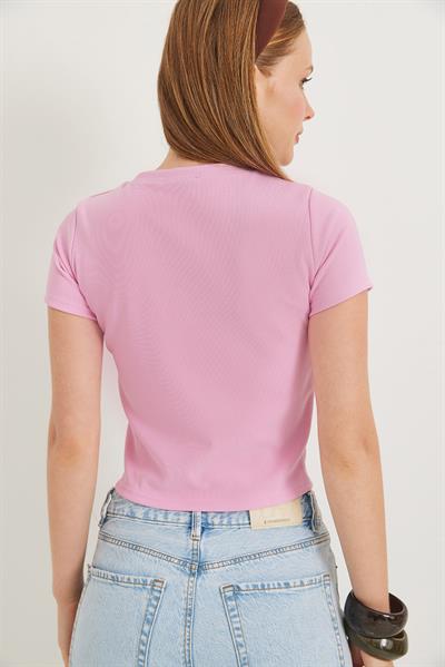 Ayıcık Nakışlı Esnek Crop Bluz Pembe