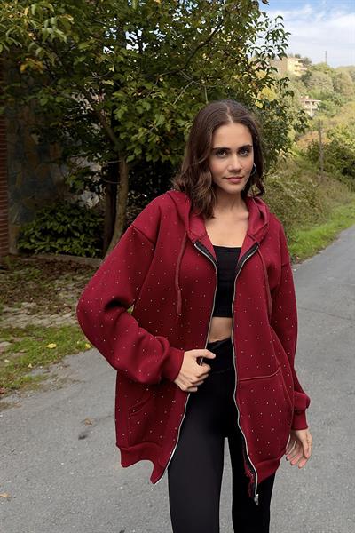 Kadın Taş Detaylı Üç İplik Oversize Kanguru Cep Sweat Hırka Bordo