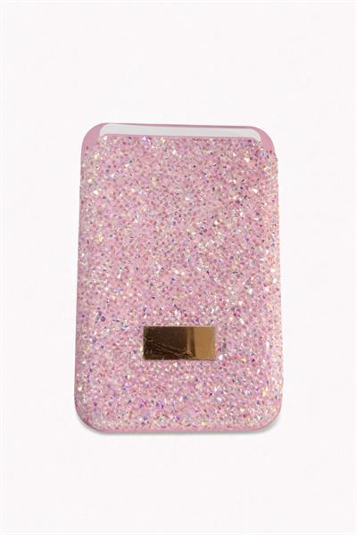 İphone 17 Air Uyumlu Parlak ve Taşlı Kart Bölümlü Kılıf Pembe