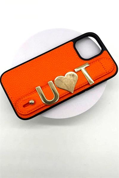 İphone 16 Pro  Uyumlu  Charmlı ve Harfli Deri Kılıf Turuncu