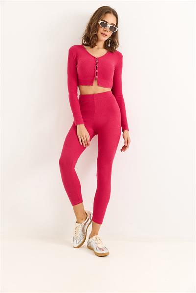 Kadın Düğmeli  Crop Tayt Fitilli Takım Pembe