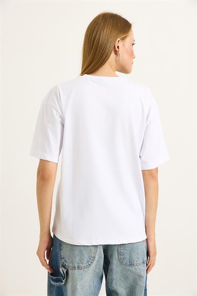 Nakış Detaylı Bisiklet Yada Basic Tshirt Beyaz