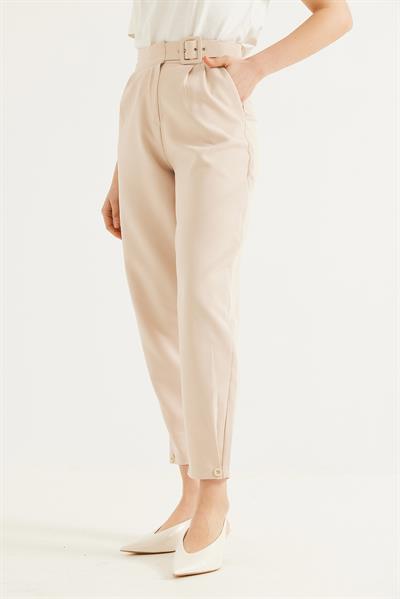 Yüksel Bel Kemerli  Kumaş Pantolon Krem