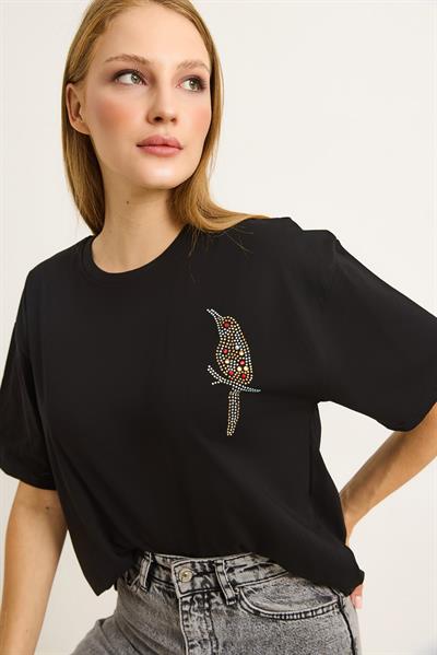 Taş Baskılı Kuş Motifli Bisiklet Yaka Tshirt Siyah