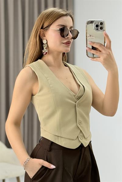 Kadın İkili Model Düğmeli Crop Kumaş Yelek Vizon