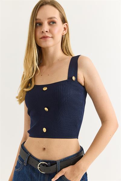Düğme Aksesuarlı Askılı Triko Crop Bluz Lacivert